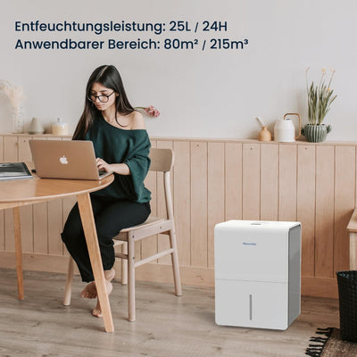 Newentor Luftentfeuchter 25L/24h, Für 215m³/80m² Räume - 3 fache Geräuschreduktion - 290W Stromspare
