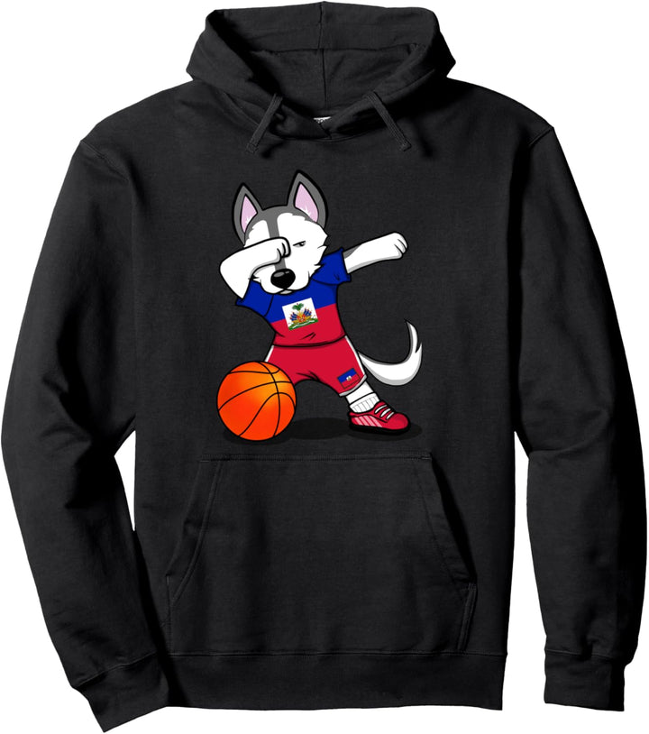 Lustiger Dabbing Husky Haiti Basketball Mannschaft Flagge Pullover Hoodie
