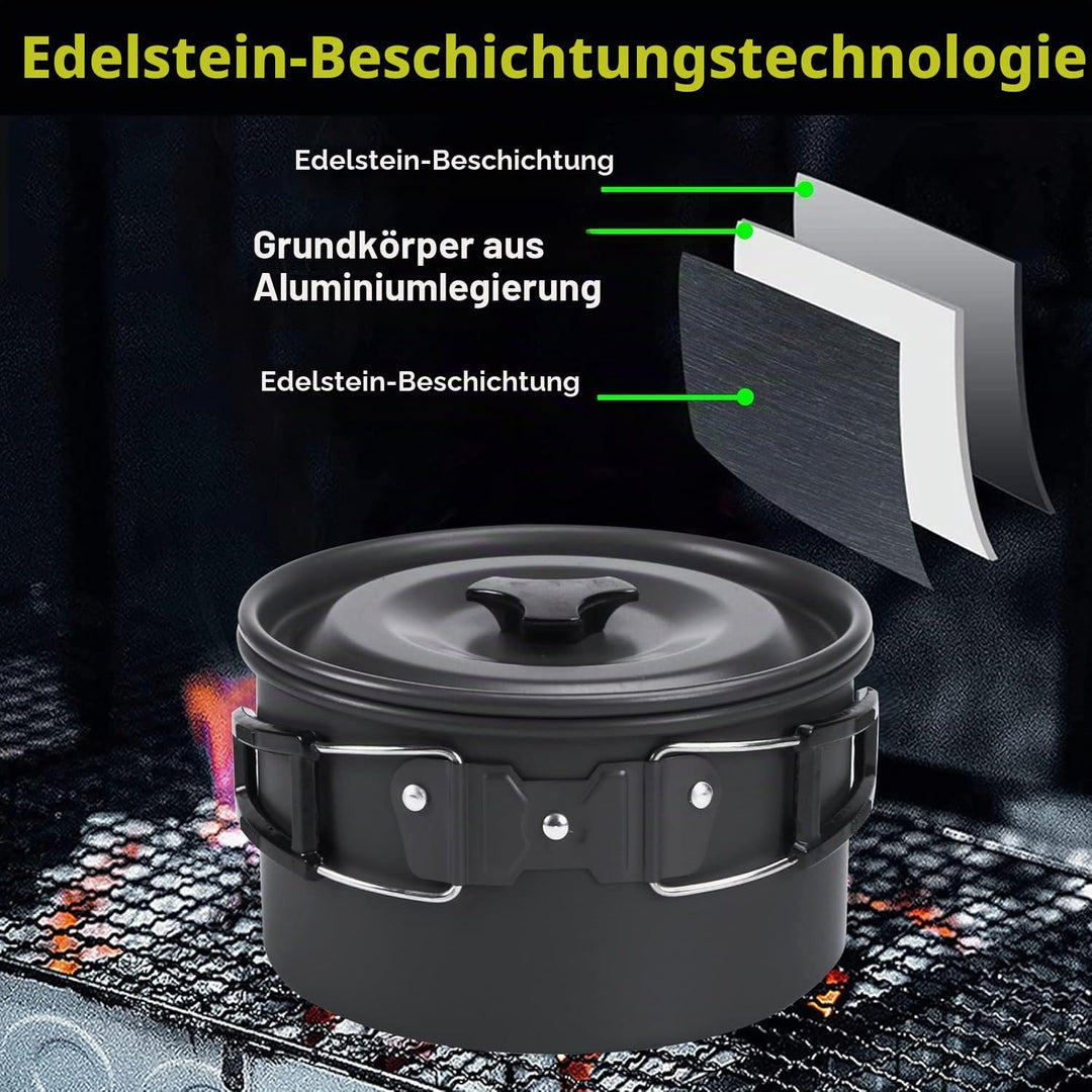 aiGear Camping Kochgeschirr Set/Outdoor Geschirr Set | Camping Topf Kochtopf Tragbar Aluminium | mit