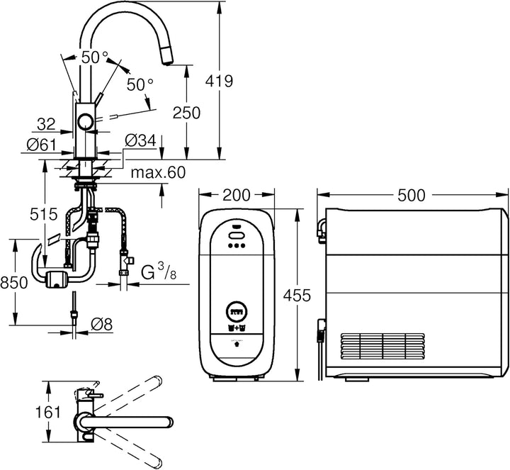 GROHE Blue Home - Starter Kit (C- Auslauf, 3 gefilterte und gekühlte Wasserarten, Schwenkbereich 360
