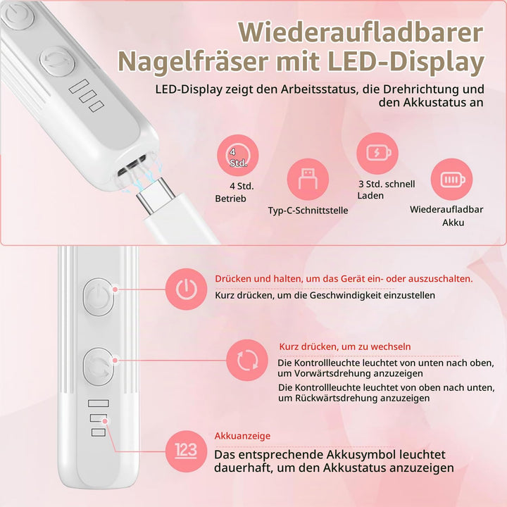 Elektrische Nagelfräser Professionell Elektrisch Nagelfeile für Gelnägel USB Wiederaufladbare 20000