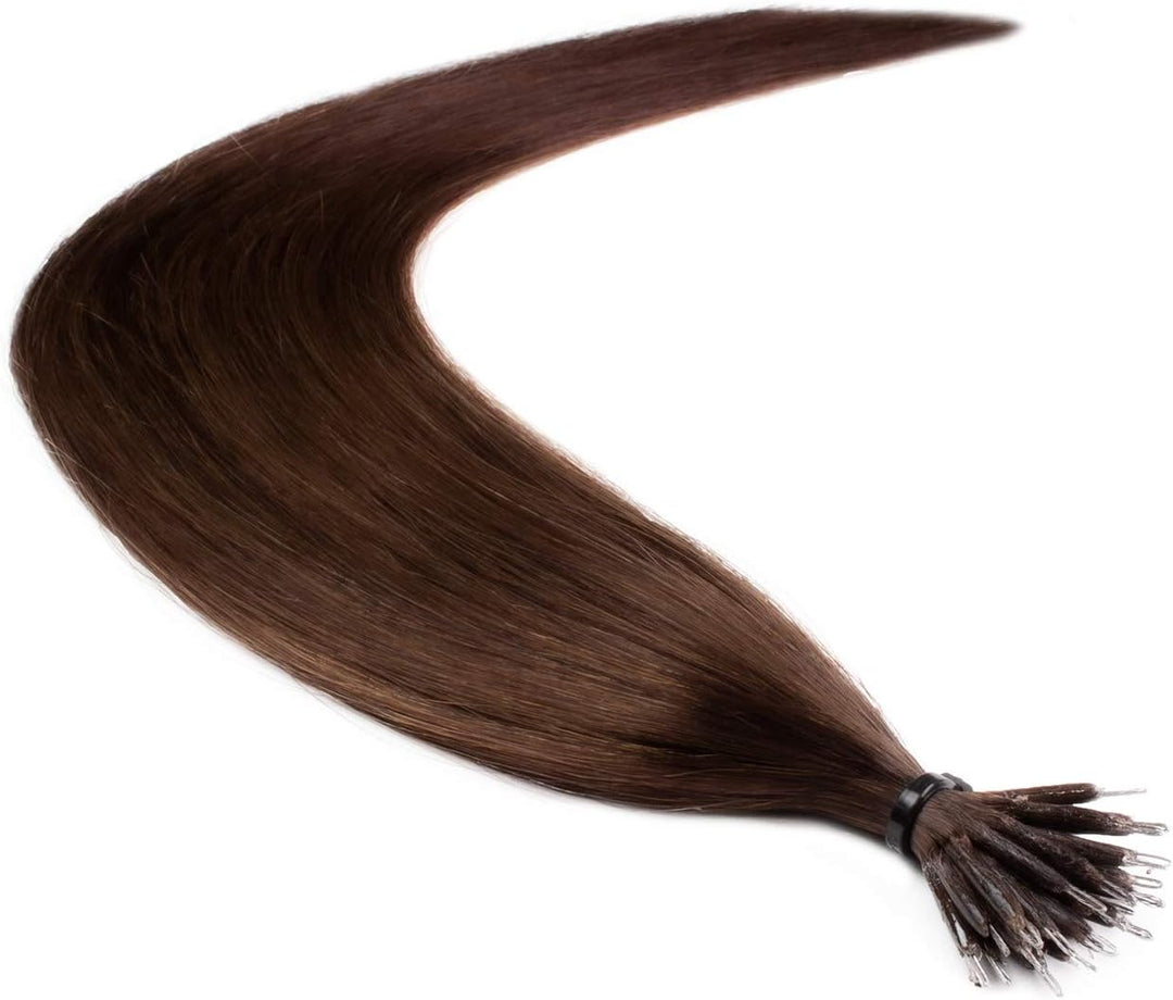 hair2heart Premium Nanoring Extensions Echthaar glatt - 100 Strähnen 1g 60cm 4/77 mittelbraun braun-