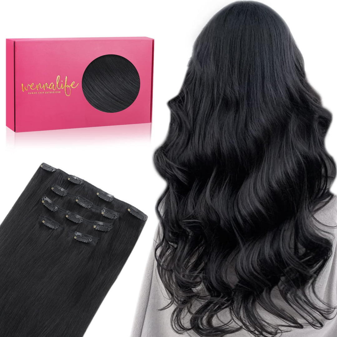 WENNALIFE Clip in Extensions Echthaar, 75g 5pcs 40cm Tief Schwarz Extensions Clip in Remy Clip in Ex