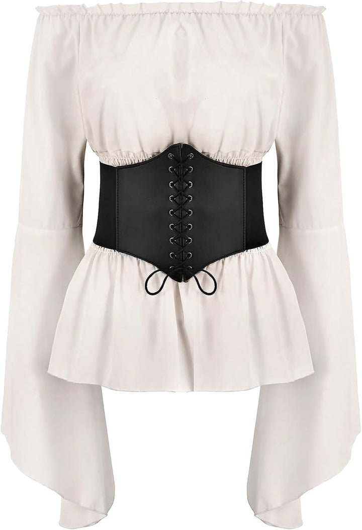 Odizli Mittelalter Kleidung Damen Gothic Steampunk Langarm Off Shoulder Corsett Top + Gürtel Viktori