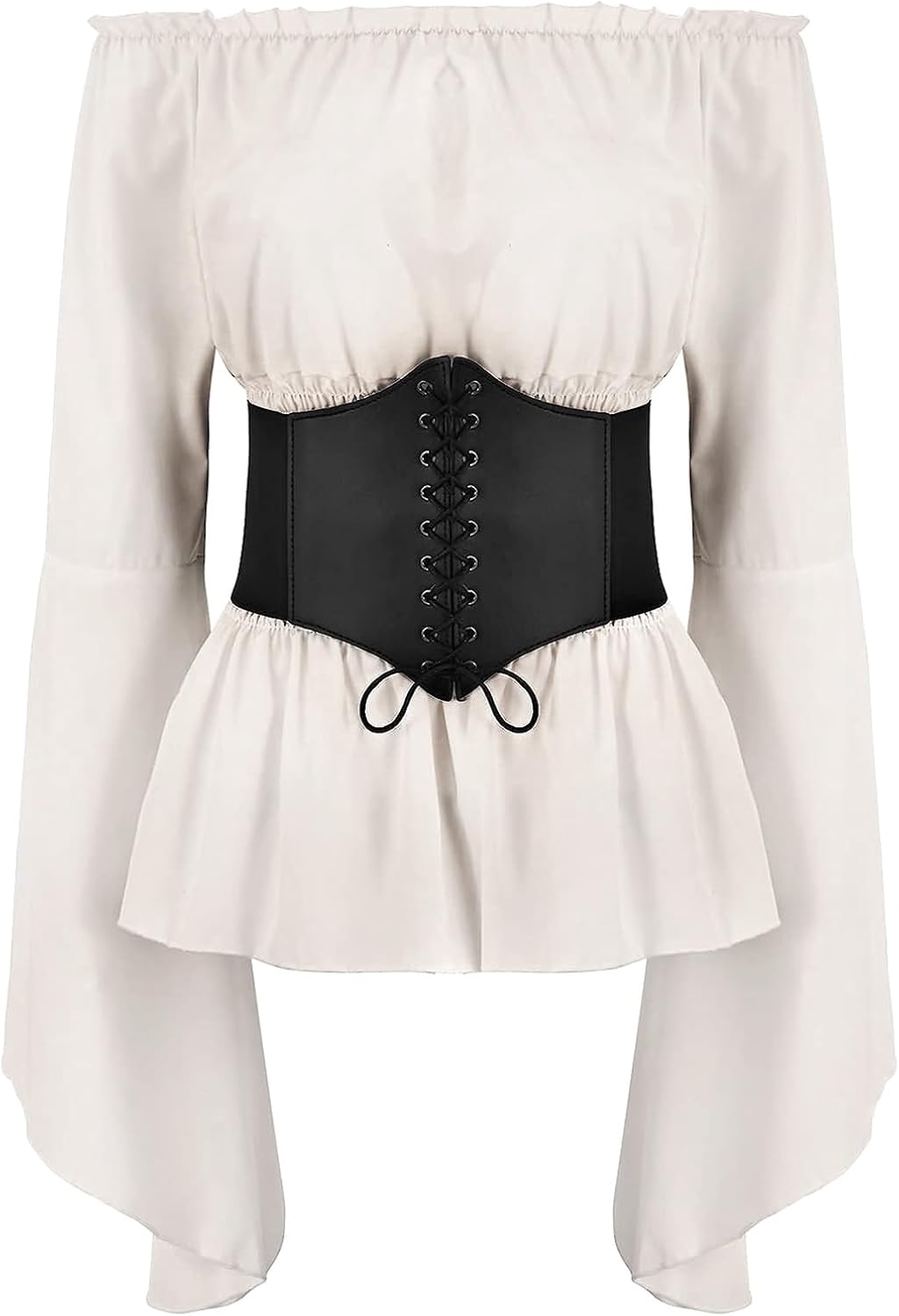 Odizli Mittelalter Kleidung Damen Gothic Steampunk Langarm Off Shoulder Corsett Top + Gürtel Viktori