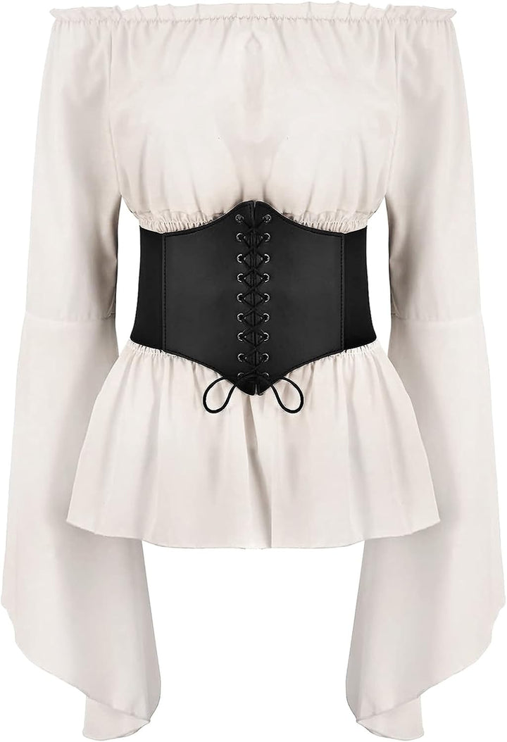 Odizli Mittelalter Kleidung Damen Gothic Steampunk Langarm Off Shoulder Corsett Top + Gürtel Viktori