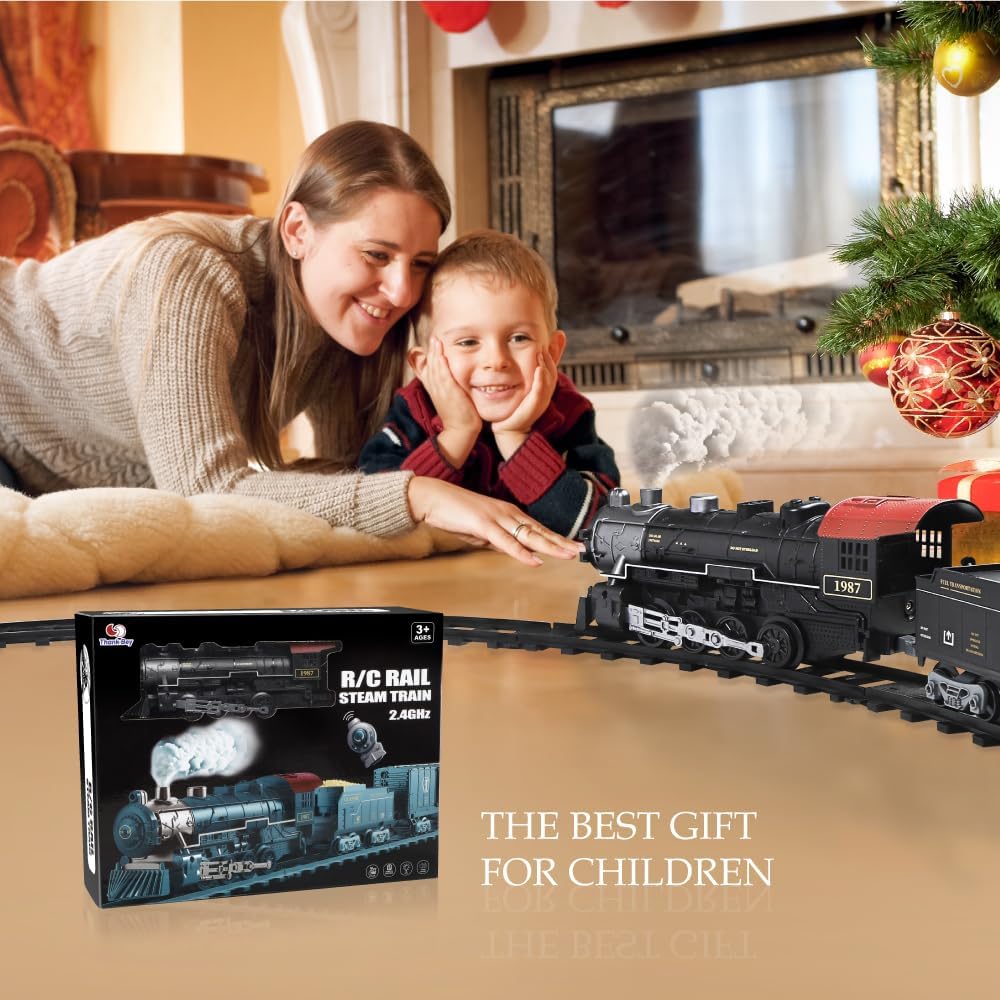 Elektrisches Zugset für Jungen - Ferngesteuerte Züge mit Dampf, Geräuschen und Lichtern, Waggons und