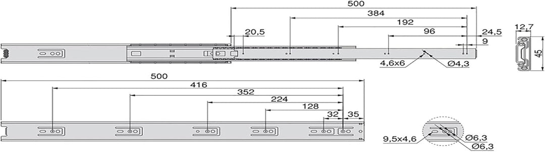 Emuca 3043605 Set Schubladenführungen, vollauszug mit Rollen 45 x 500 mm, Lot von 5, Verzinktem, 500