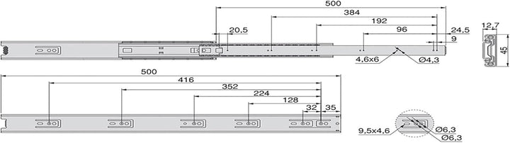 Emuca 3043605 Set Schubladenführungen, vollauszug mit Rollen 45 x 500 mm, Lot von 5, Verzinktem, 500