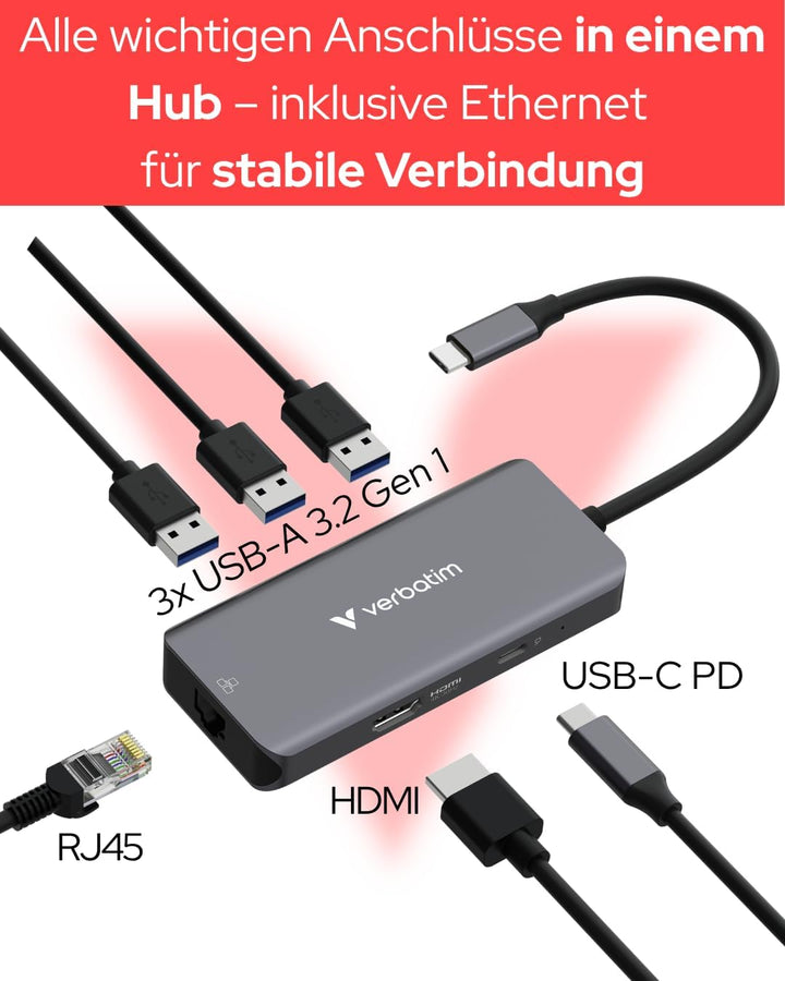 Verbatim USB-C Essentials Multiport Hub, 6 Anschlüsse: RJ45, HDMI, USB-C PD bis 100W, 3× USB-A 3.2 G