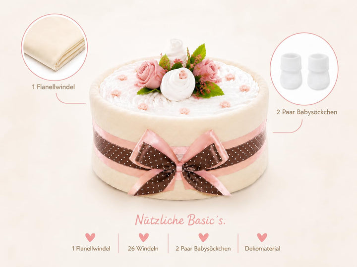 dubistda© Windeltorte CAKEBOX für Mädchen rosa | Geschenk für Mädchen zur Geburt Babyparty Babyshowe