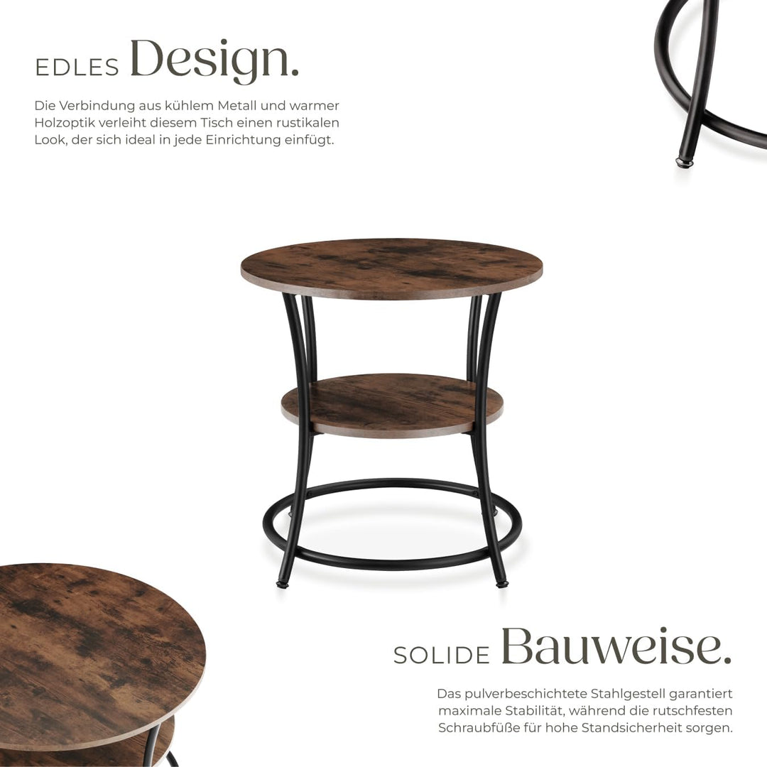 tectake Beistelltisch rund, Couchtisch mit 2 Ablagen, Industrie-Design, Nachttisch aus Holz, Ø55 x 5