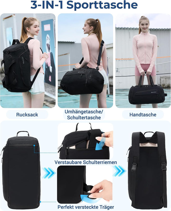 Sporttasche mit Rucksackfunktion - Reisetasche mit Schuhfach und Nassfach, Wasserdicht Gym Bag für H