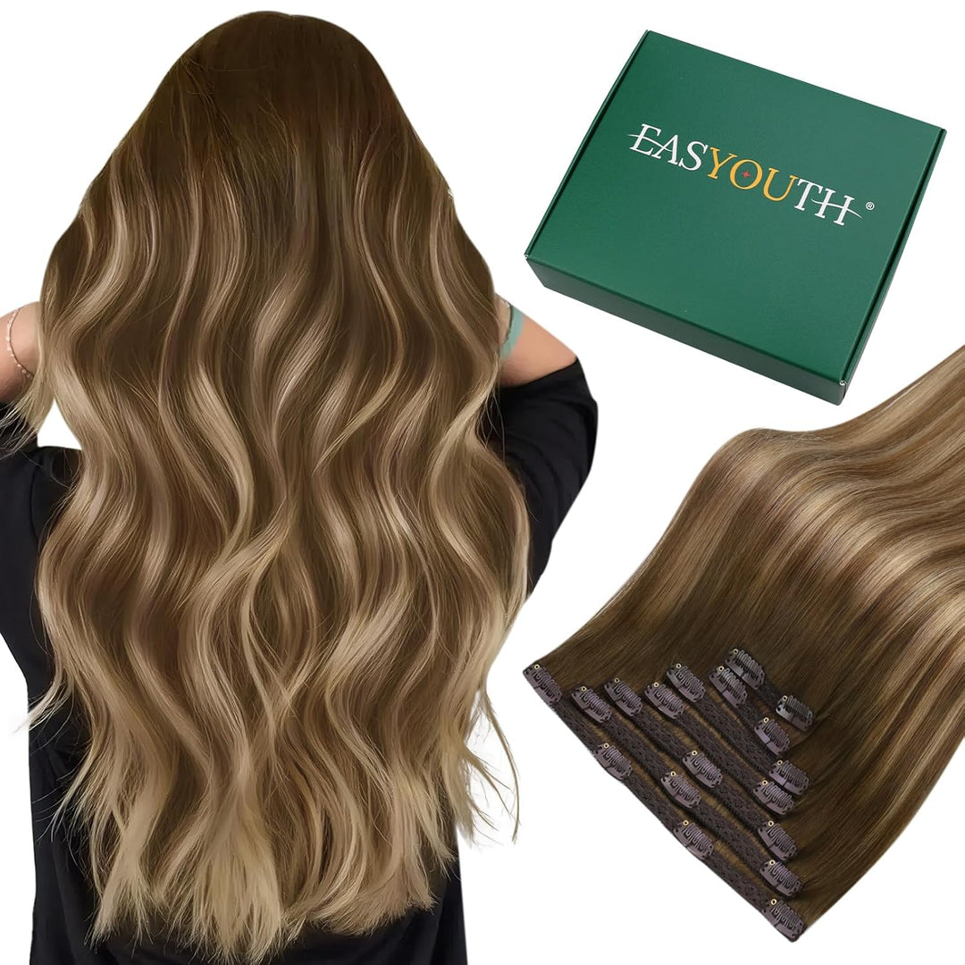 Easyouth Balayage Clip in Echthaar Extensions Clip in Haarverlangerung Mittelbraun tu Honigblond Mit