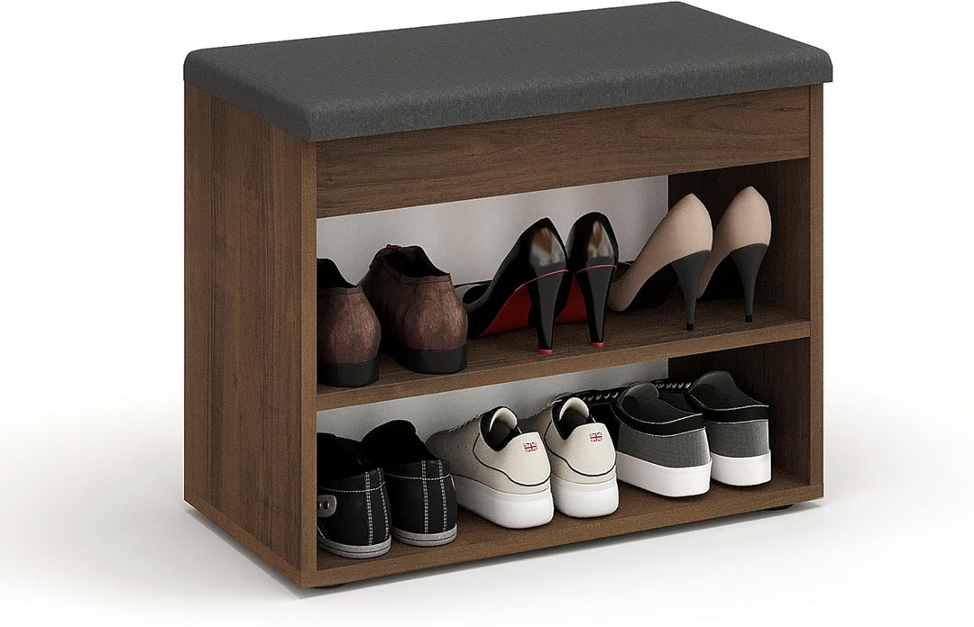 KOMTO Schuhbank mit Sitzfläche - Schuhregal Bank mit Stauraum Nussbaum 60 x 48 x 32 cm Kleiner Schuh