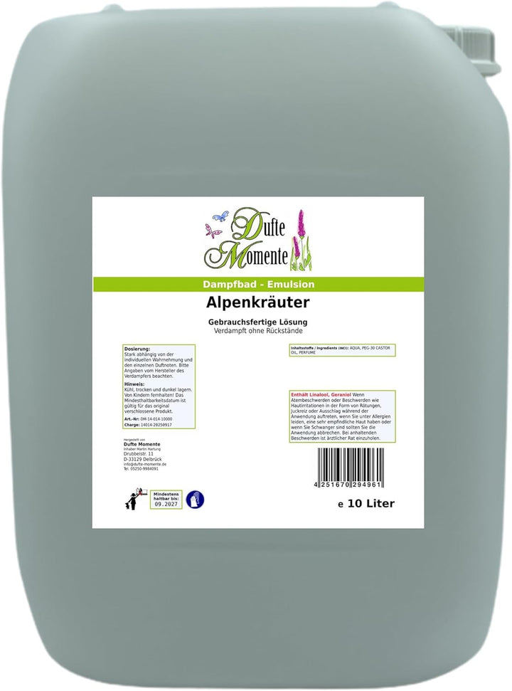Dufte Momente Dampfbad-Emulsion 10 Liter Alpenkräuter | Gebrauchsfertig | Hochwertige Formel | Für g