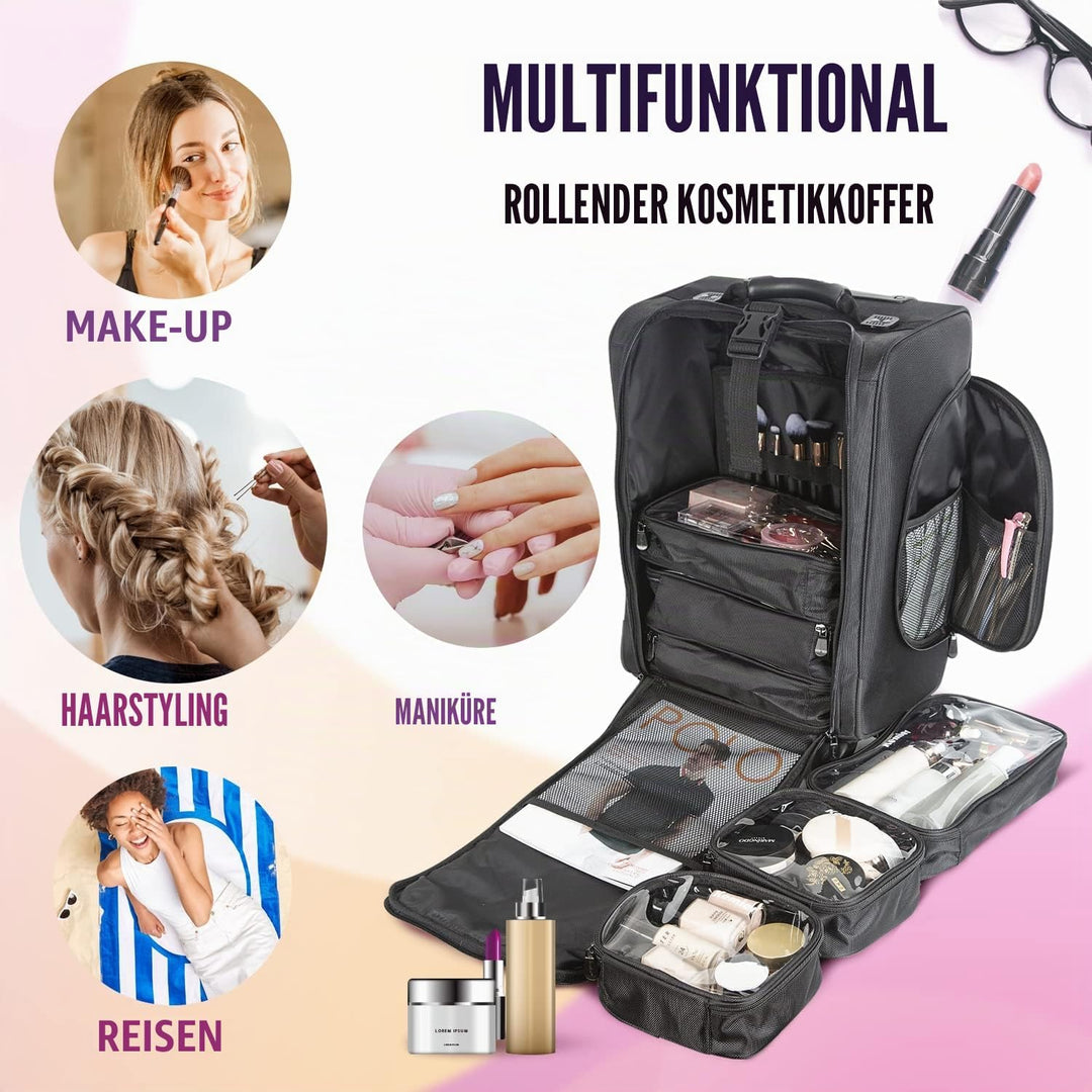 Kemier Make up Koffer, Weiche Zweiseitige Nylon Rollen Mobiler Kosmetik Organizer mit Tasche, Schwar