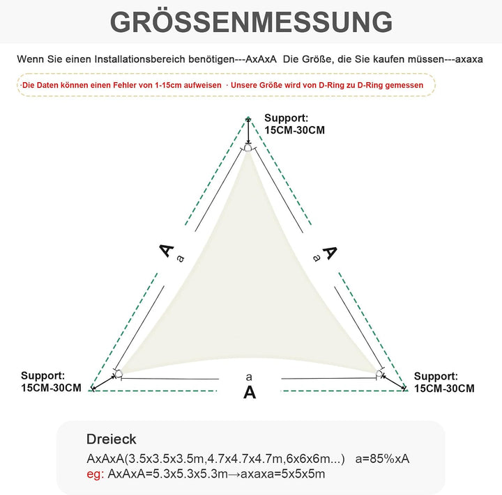 HENG FENG Sonnensegel 3x3x3m Dreieckig Wasserdicht mit 95% UV-Schutz Sonnenschutz für Garten Terrass