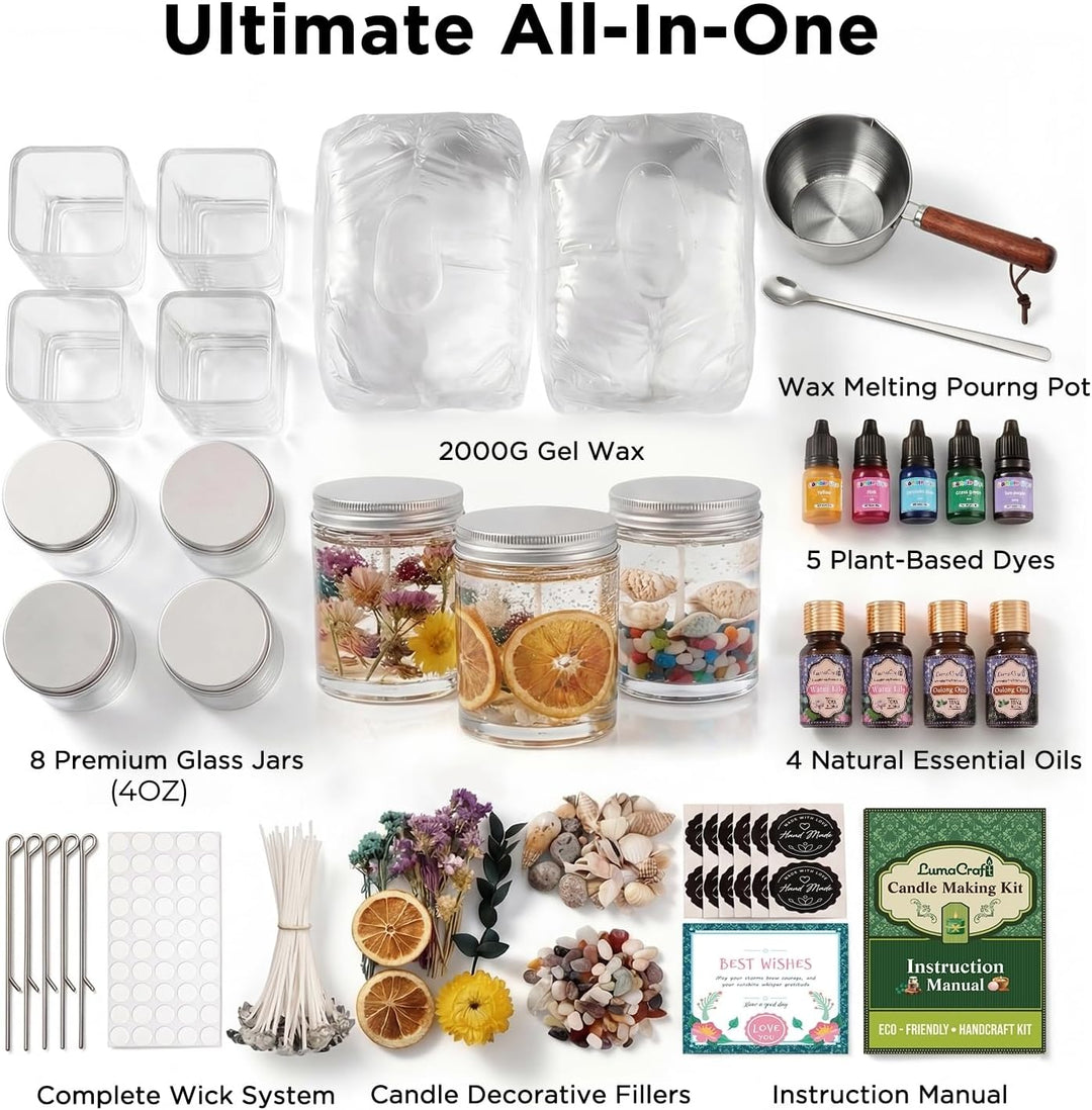 LumaCraft Kerzen Set zur Kerzenherstellung mit klarem Gelwachs – 2000g Transparentes Jelly Wachs mit