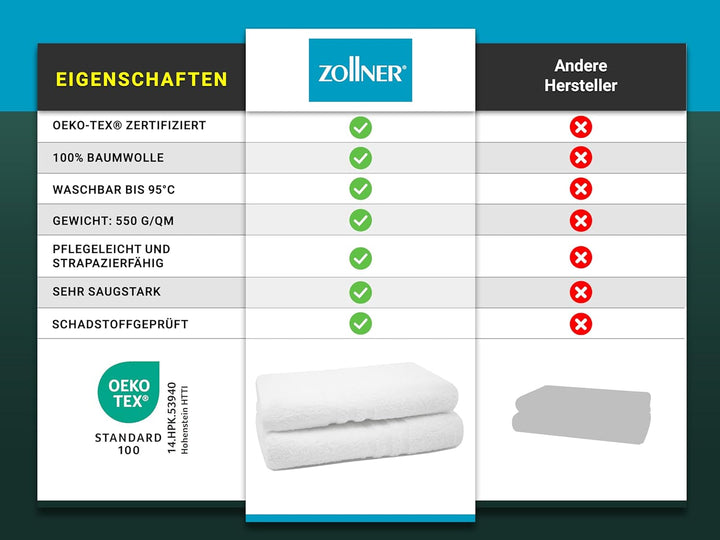 ZOLLNER 2er Set Duschtücher in 70x140 cm - Flauschige und saugstarke Handtücher in weiss - mit prakt