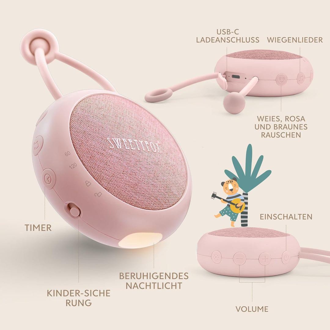 Sweety Fox White Noise Machine Baby - Rosa - Einschlafhilfe Babys, Wiegenlied Baby, Nachtlicht und W
