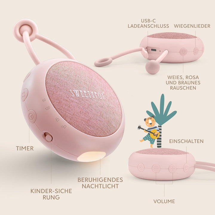 Sweety Fox White Noise Machine Baby - Rosa - Einschlafhilfe Babys, Wiegenlied Baby, Nachtlicht und W