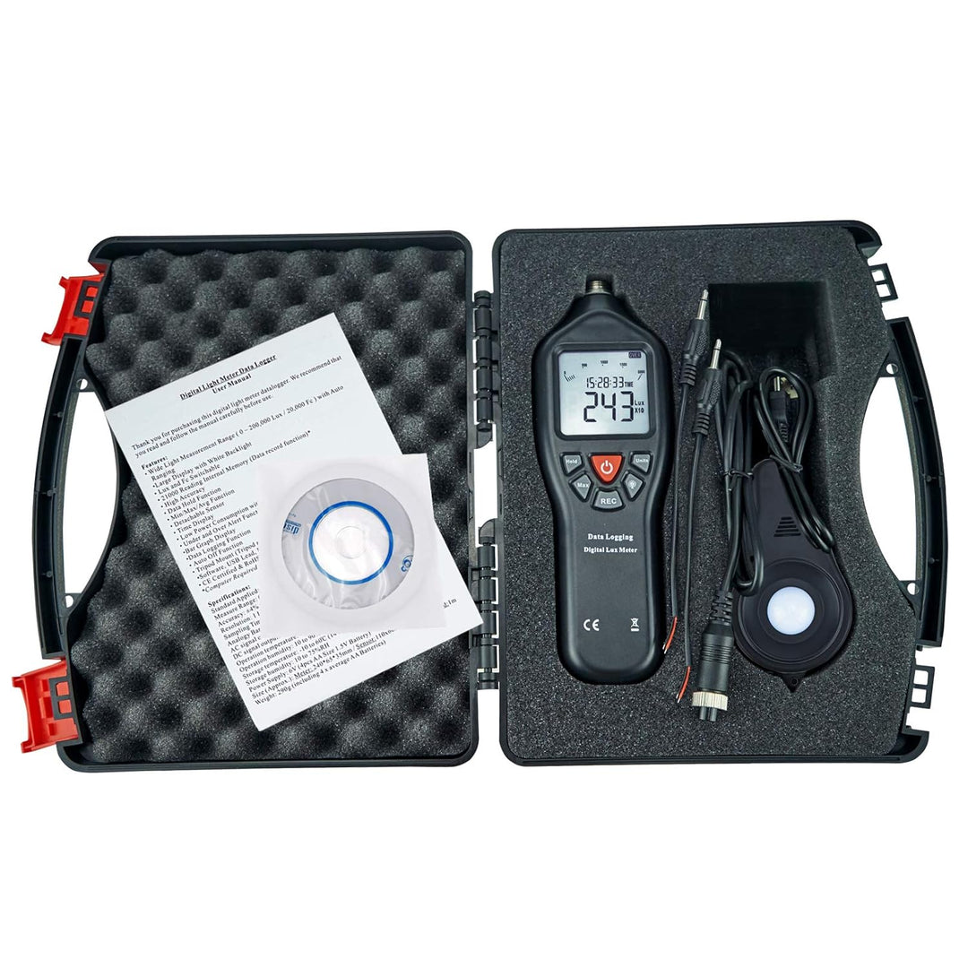 Digitaler Licht Lux Meter mit Datenprotokollierung. Messbereich 0 bis 200.000 Lux mit Abnehmbaren Se