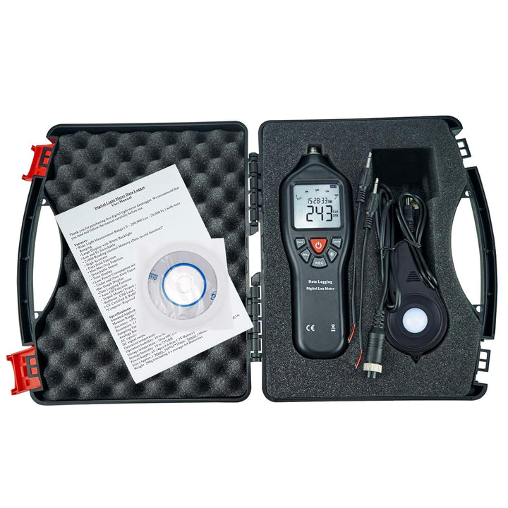 Digitaler Licht Lux Meter mit Datenprotokollierung. Messbereich 0 bis 200.000 Lux mit Abnehmbaren Se