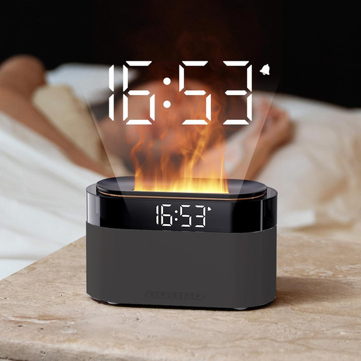 Flammen Aroma Diffuser mit Lichtwecker,Diffuser Ätherische Öle mit Fernbedienung,Wecker mit Licht,Lu