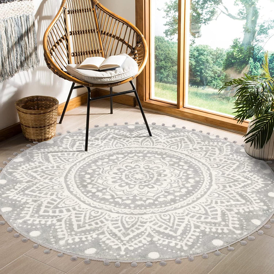 KIMODE Boho Runder Grau Teppich 120cm Mandala Schlafzimmer Weicher Grosser Teppich mit Pom Pom Frans