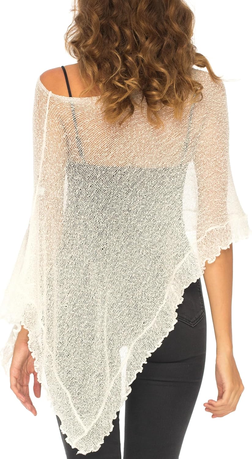 SHU-SHI - Damen Poncho-Top mit Rüschen - transparent - leichtes Strickmaterial Altweiss, Altweiss