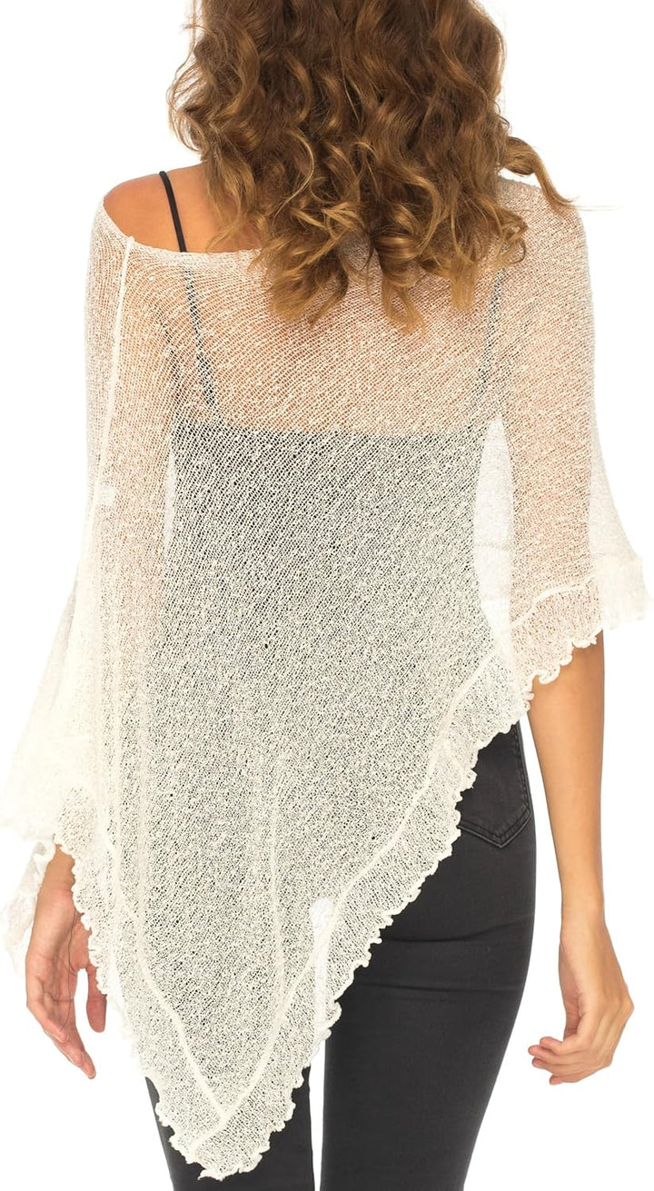 SHU-SHI - Damen Poncho-Top mit Rüschen - transparent - leichtes Strickmaterial Altweiss, Altweiss