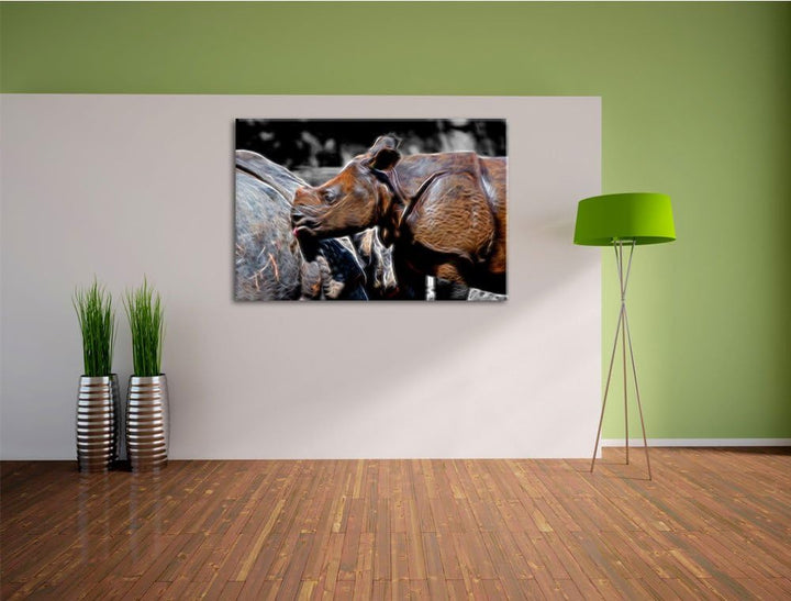 junges Nashorn schwarz/weiss Deluxe Format: 100x70 cm auf Leinwand, XXL riesige Bilder fertig gerahm
