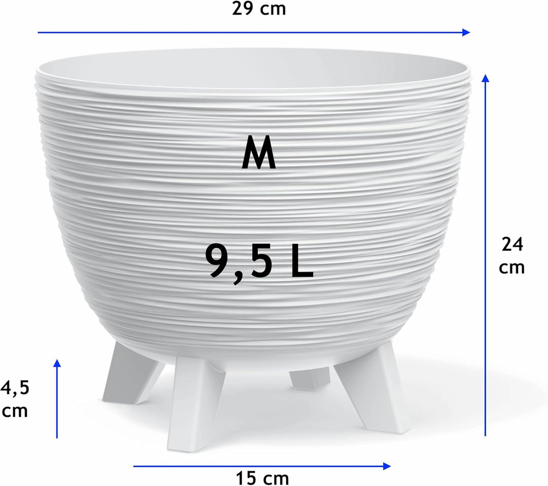 MELTOM Blumentopf mit Füssen aus Kunststoff Schale Rund Kräutertopf 3D Rillen (Weiss, M-29cm) M-29cm