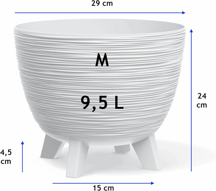 MELTOM Blumentopf mit Füssen aus Kunststoff Schale Rund Kräutertopf 3D Rillen (Weiss, M-29cm) M-29cm