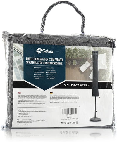 Sekey® Schutzhülle für Ø 300 cm Sonnenschirm, Abdeckhauben für Sonnenschirm 175cm x 27,5/35,5cm Grau