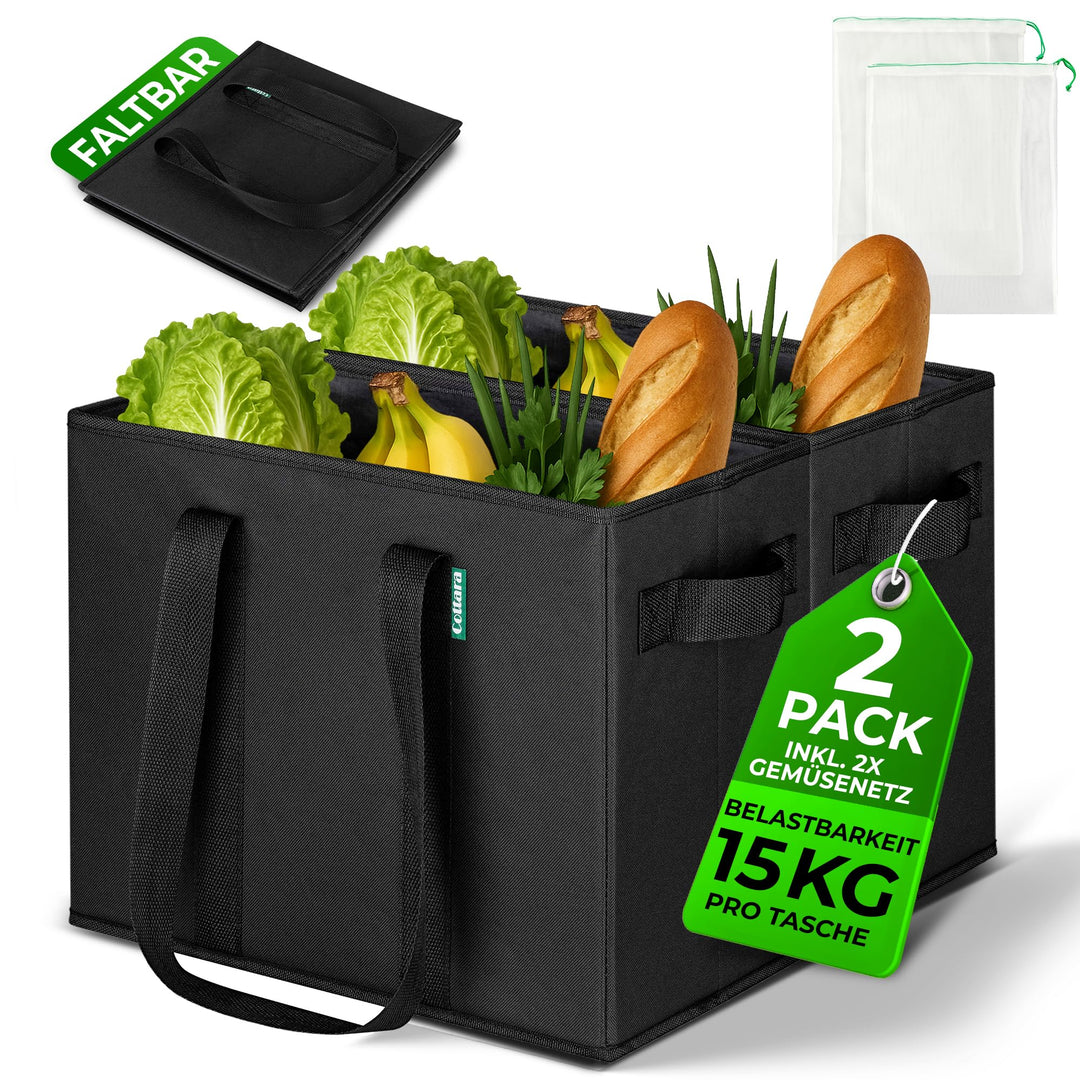 COTTARA® grosse Einkaufstasche faltbar 2er Pack & Obstnetz – stabiler grosser Einkaufskorb faltbar m