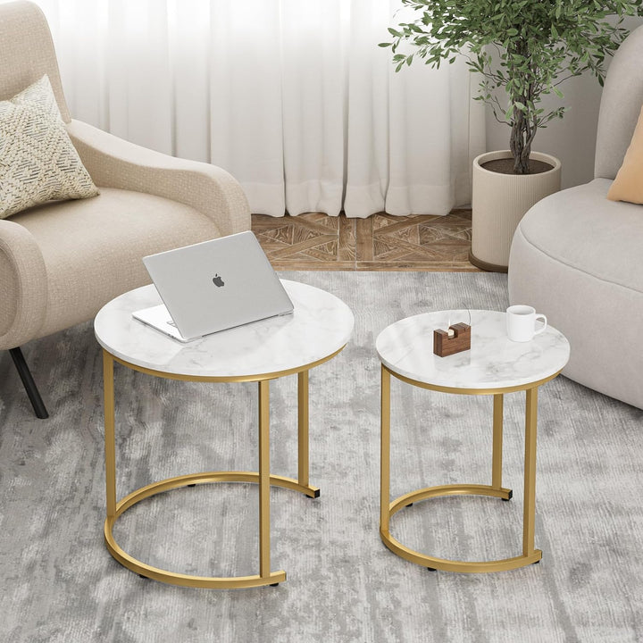 HEYZOEY Couchtisch Rund 2er Set, Wohnzimmertisch, Beistelltische Gold Metall, Kaffeetisch für Sofati