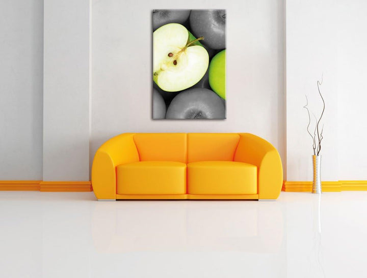 Pixxprint saftige grüne Äpfel schwarz/weiss, Format: 70x100 auf hochkantiges Leinwand, 70x100
