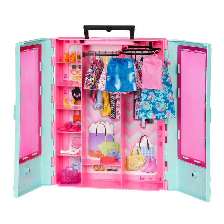Barbie Kleiderschrank mit Kleidung und Accessoires, Garderobenschrank mit Falttüren und Tragegriff,