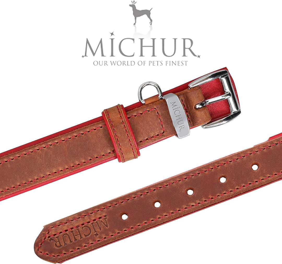 MICHUR Charly Hundehalsband Leder Braun Rot, Lederhalsband Hund, Halsband, Leder, in verschiedenen G