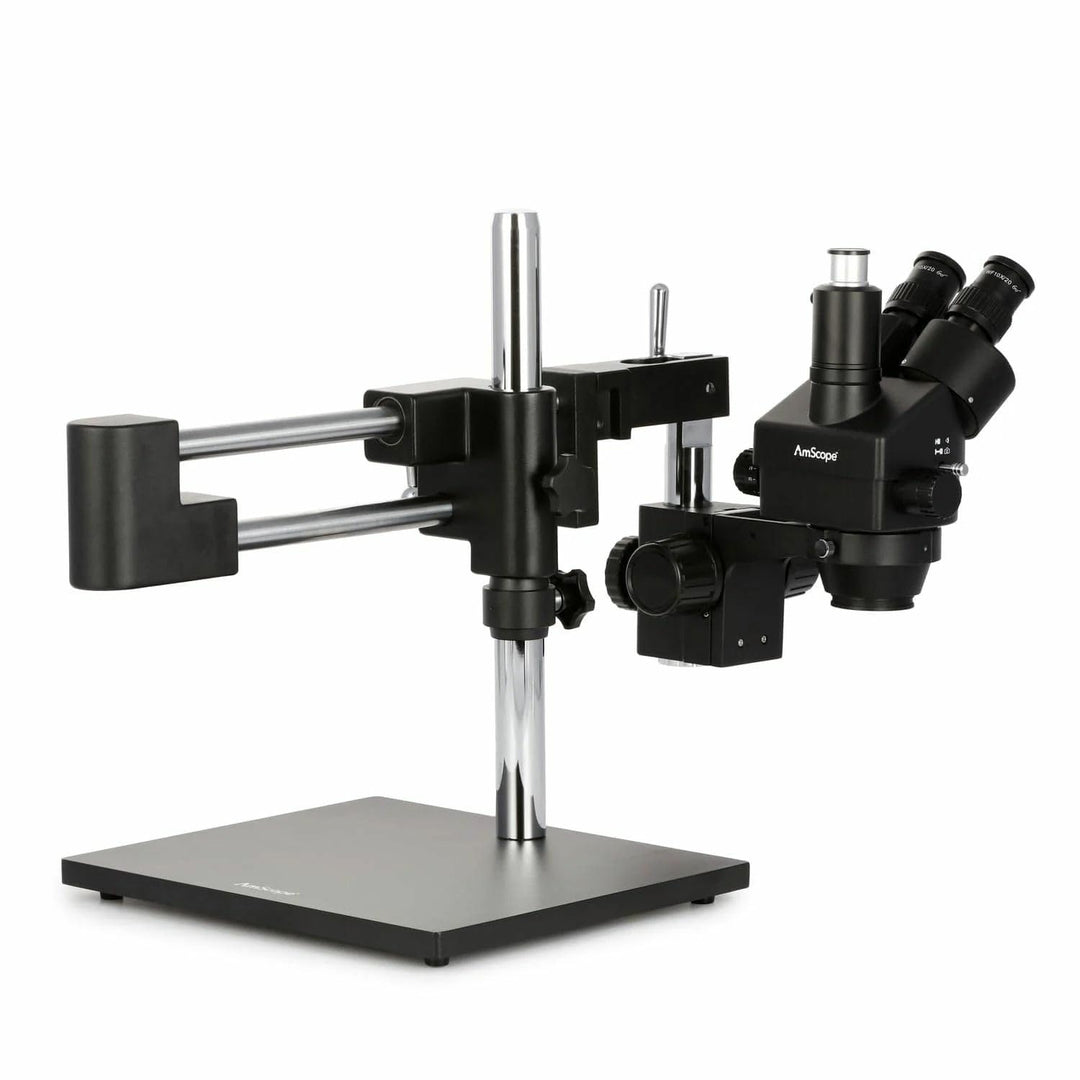 AmScope SM-4TZZ-B Trinokulares Stereo-Zoom-Mikroskop mit Schwarzem Doppelarm-Ausleger, 3.5X-180X, Sc