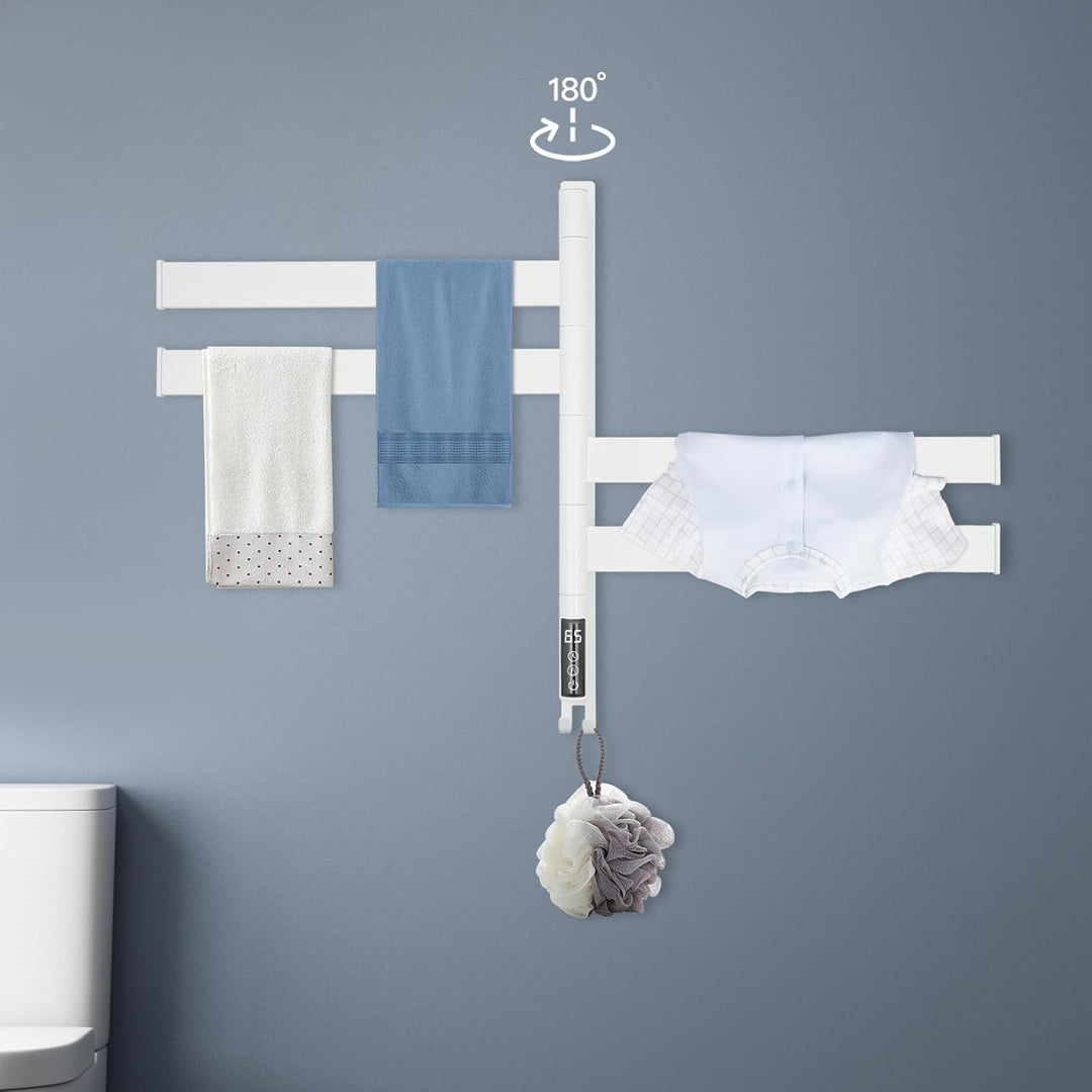Weiss Edelstahl Beheizter Handtuchhalter, 180° Schwenkbares Elektrischer Handtuchwärmer mit 4 Stäben