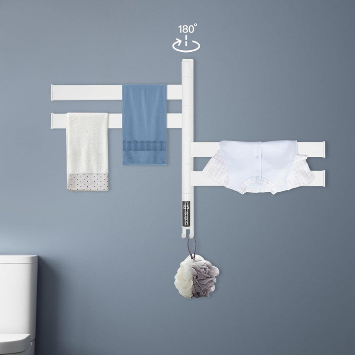 Weiss Edelstahl Beheizter Handtuchhalter, 180° Schwenkbares Elektrischer Handtuchwärmer mit 4 Stäben