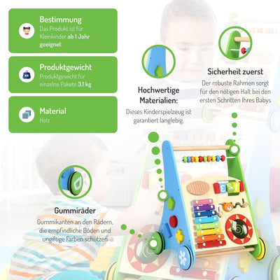 COIL Babywalker Lauflernwagen 3in1, Kinderwagen aus Holz, Lernspielzeug, ab 12 Monaten (Grün), grün