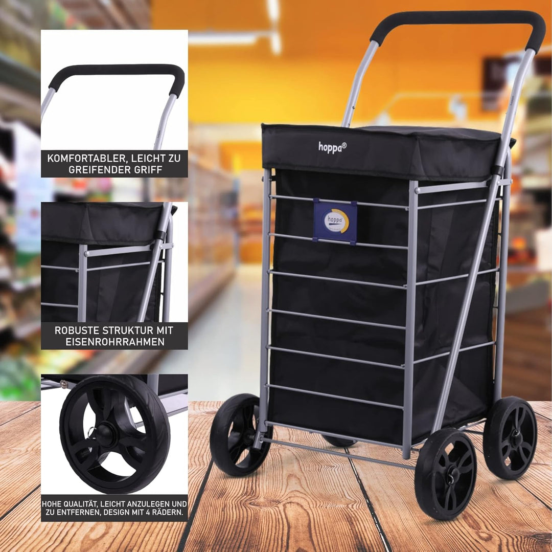 Hoppa Leichtgewichtiger 4-Rädiger Premium 2024 Modell Faltbarer Einkaufswagen Extra Grosse 64l Kapaz