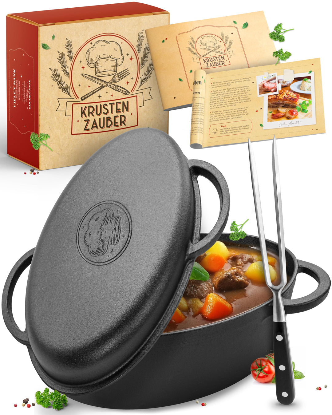 KRUSTENZAUBER 35cm Gusseisen Bräter mit Deckel backofengeeignet [inkl. Fleischgabel] - Gusseisen Top