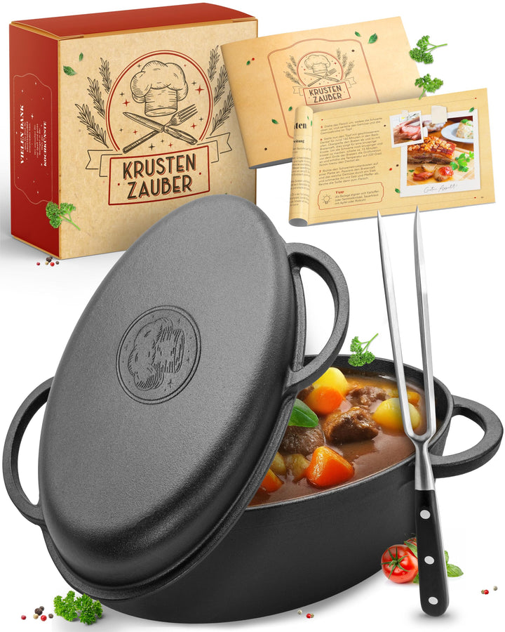 KRUSTENZAUBER 35cm Gusseisen Bräter mit Deckel backofengeeignet [inkl. Fleischgabel] - Gusseisen Top