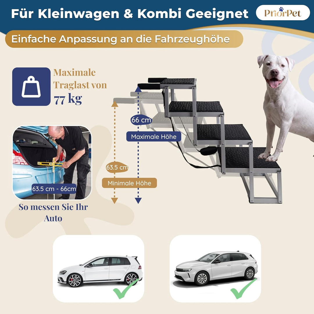 Hundetreppe Auto Klappbar – 4, 5 oder 6 Stufen für niedrige bis hohe Kofferraumhöhen (63–81 cm) – Fü