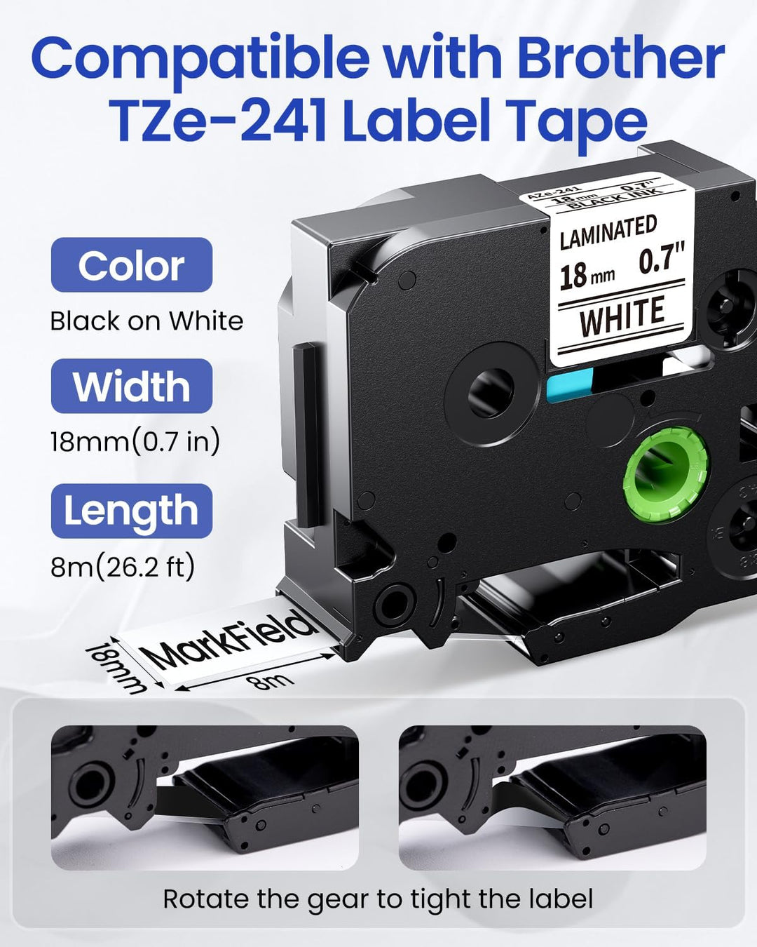 MarkField Kompatibel mit Brother P touch Bänder 18mm TZe-241 18mm Schriftband Schwarz auf Weiss TZ T